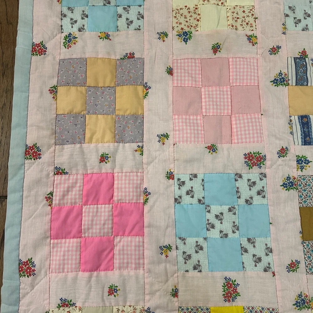 Handmade 9 Patch Pattern Baby Girl Quilt 36.6x52.5” Floral Bunnies Rooster